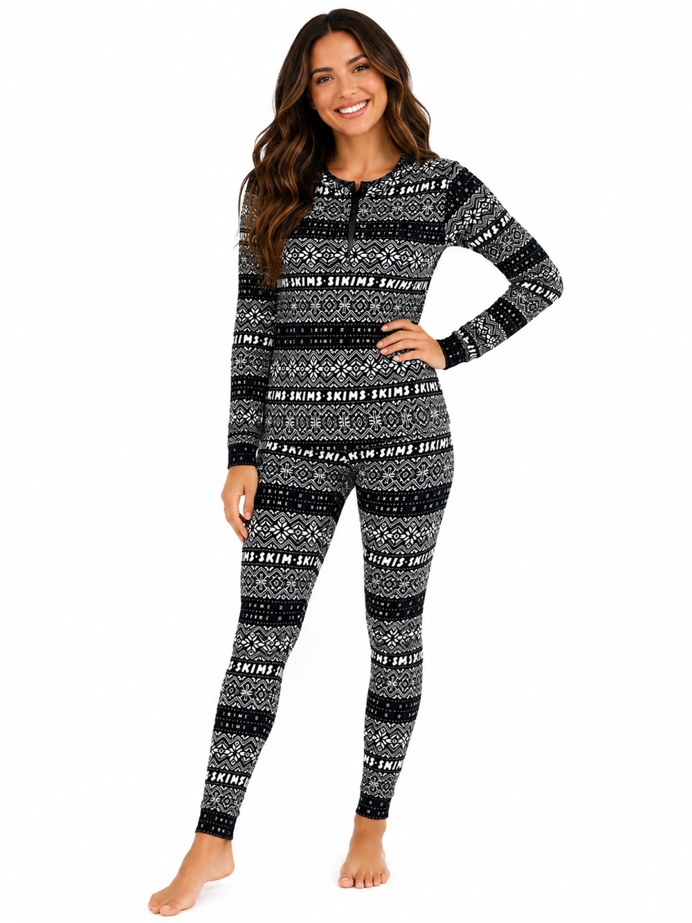 SKIMS Nordic Fair Isle Pajama Set Black White Size M